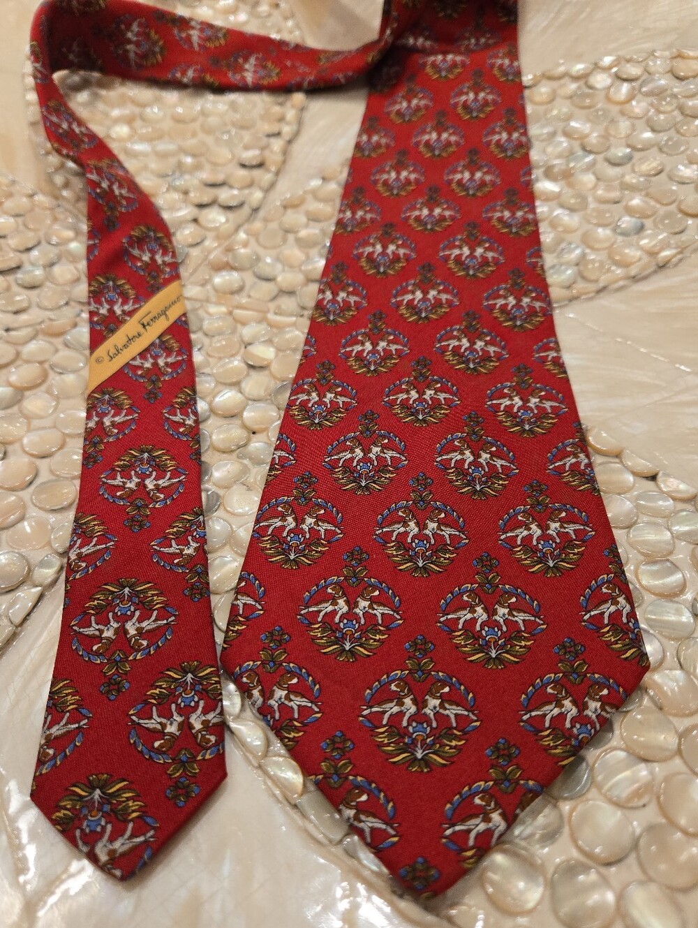 Salvatore Ferragamo Silk Tie Hunting Dog Crest Red Made In Italy